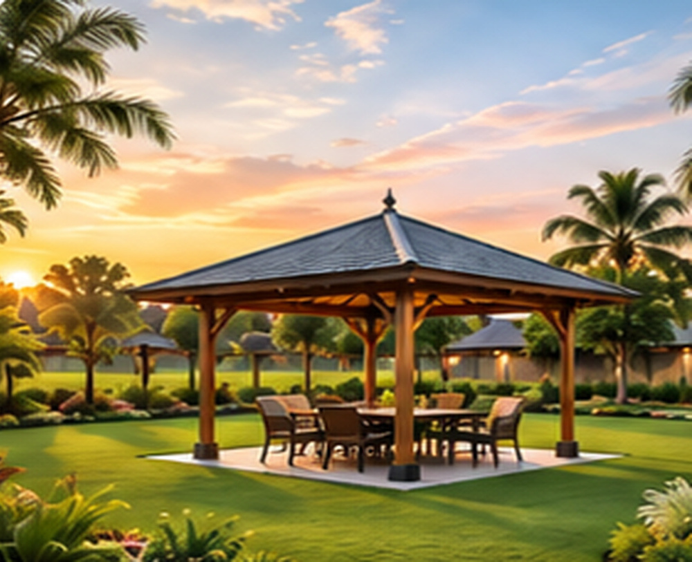 Landscaped gazebo and green open spaces at Green Villa Farms in Ujjain