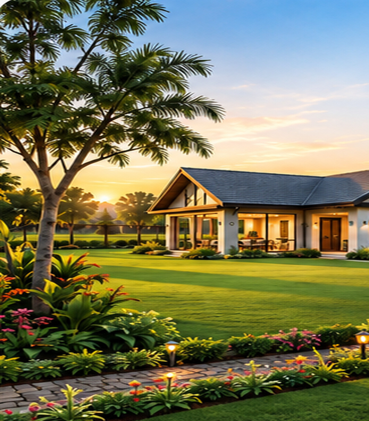Luxury farmhouse and landscaped gardens at Green Villa Farms in Ujjain